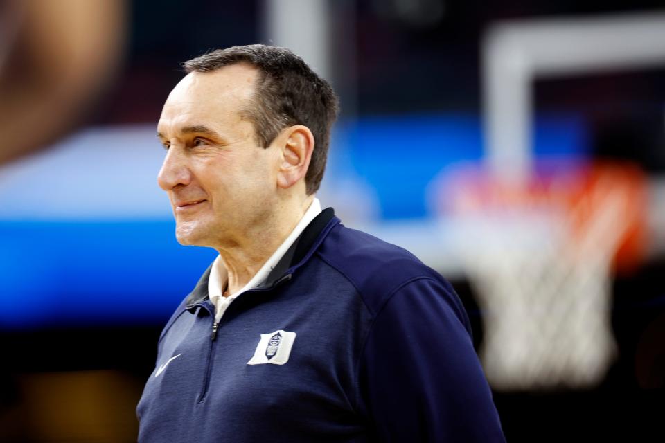 NEW ORLEANS, LOUISIANA - APRIL 01: Head coach Mike Krzyzewski of the Duke Blue Devils looks on during practice before the 2022 Men's Basketball Tournament Final Four at Caesars Superdome on April 01, 2022 in New Orleans, Louisiana. (Photo by Chris Graythen/Getty Images)