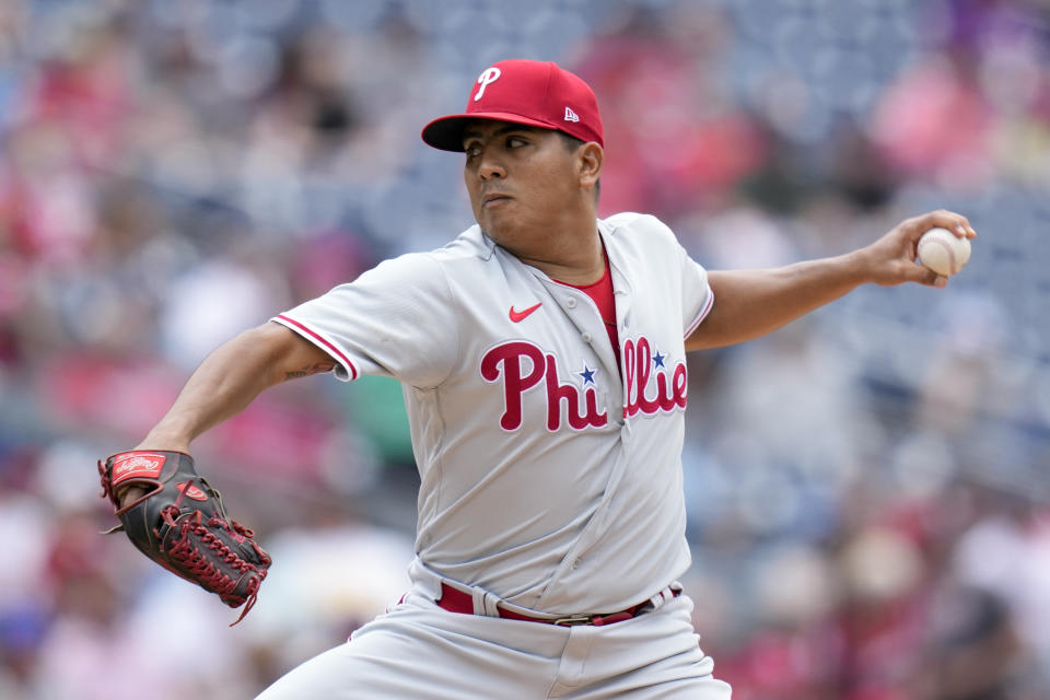 Philadelphia Phillies starting pitcher Ranger Suarez throws to the Washington Nationals in the second inning of a baseball game, Sunday, June 4, 2023, in Washington. (AP Photo/Patrick Semansky)