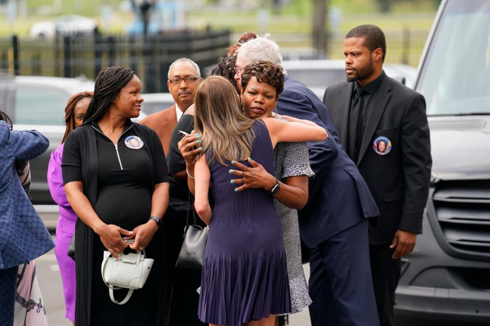 Aug 10, 2023; Trenton, NJ, USA; Gov. Phil Murphy and First Lady Tammy Murphy greet the family of the late Lt. Gov. Sheila Oliver before she lies in state at the New Jersey State House on Thursday, Aug. 10, 2023, in Trenton. Mandatory Credit: Danielle Parhizkaran/NorthJersey.com