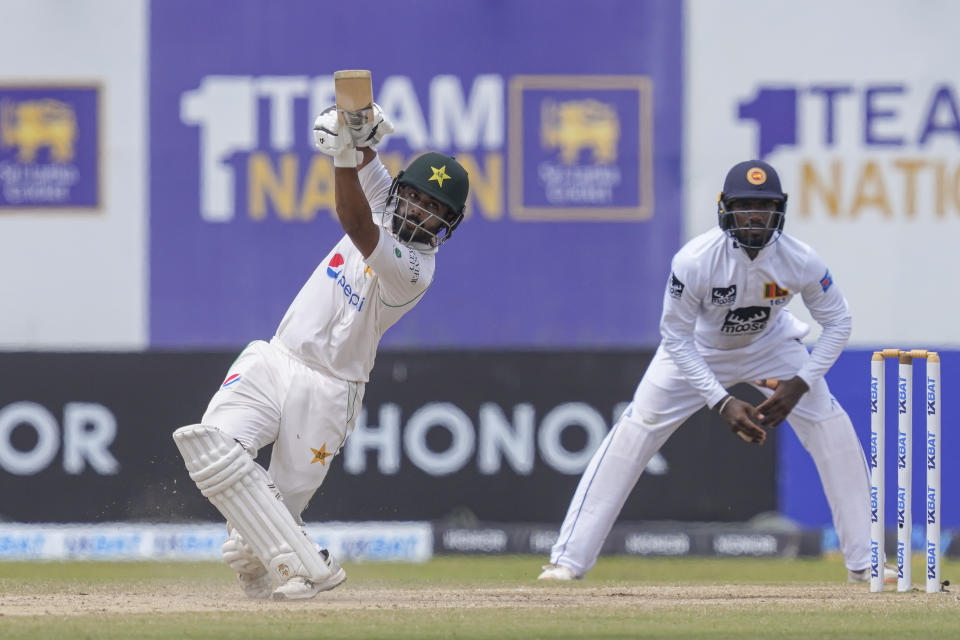 Pakistan's Saud Shakeel plays a shot during the fifth day of the first cricket test match between Sri Lanka and Pakistan in Galle, Sri Lanka on Thursday, July 20, 2023. (AP Photo/Eranga Jayawardena)