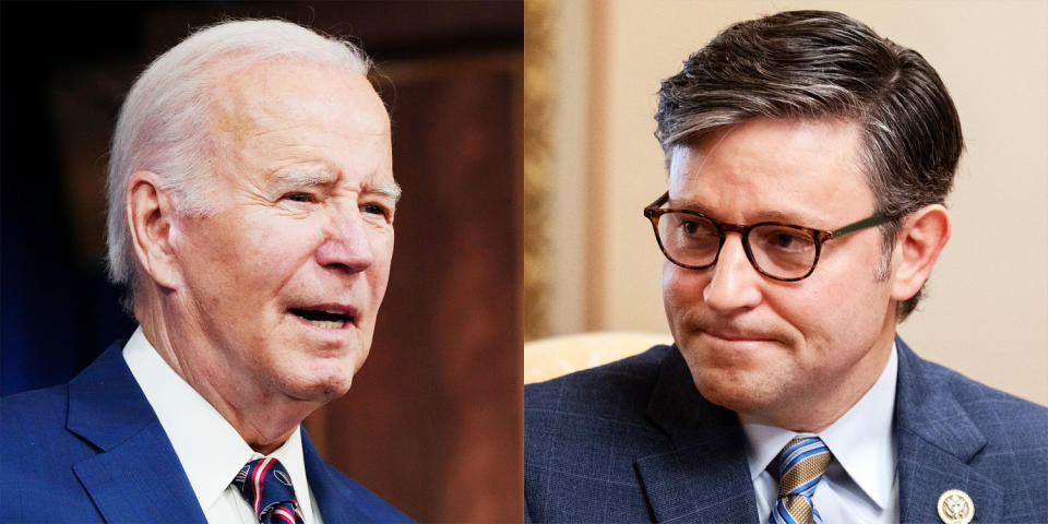 Side by side Joe Biden and Mike Johnson. (AP; Getty Images)