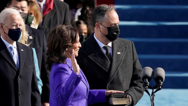 PHOTO: Kamala Harris is sworn in as Vice President as her spouse Doug Emhoff holds a bible during the inauguration of Joe Biden as the 46th President of the United States on the West Front of the U.S. Capitol in Washington, Jan. 20, 2021. (Patrick Semansky/Reuters)