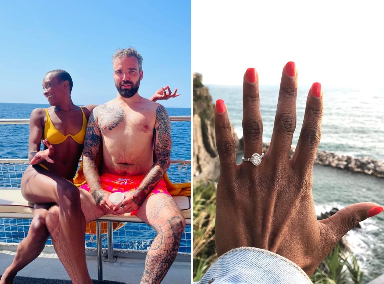 Krystina Burton and Gabriel Solberg travelling on a boat and Burton's engagement ring.