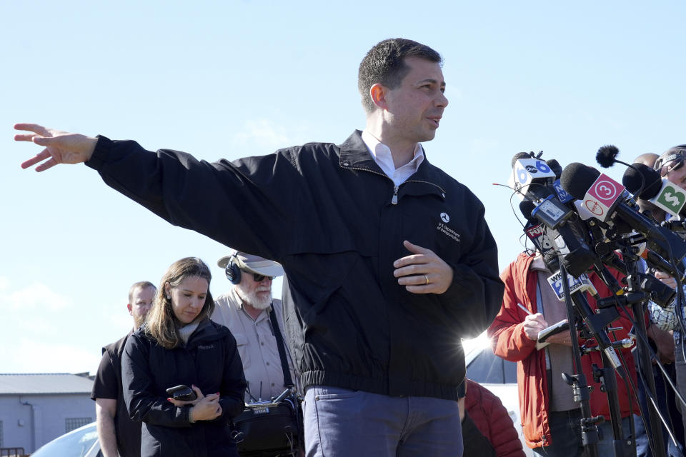 Transportation Secretary Pete Buttigieg speaks during a news conference Thursday, Feb. 23, 2023, near the site of the Feb. 3 Norfolk Southern train derailment in East Palestine, Ohio. (AP Photo/Matt Freed)