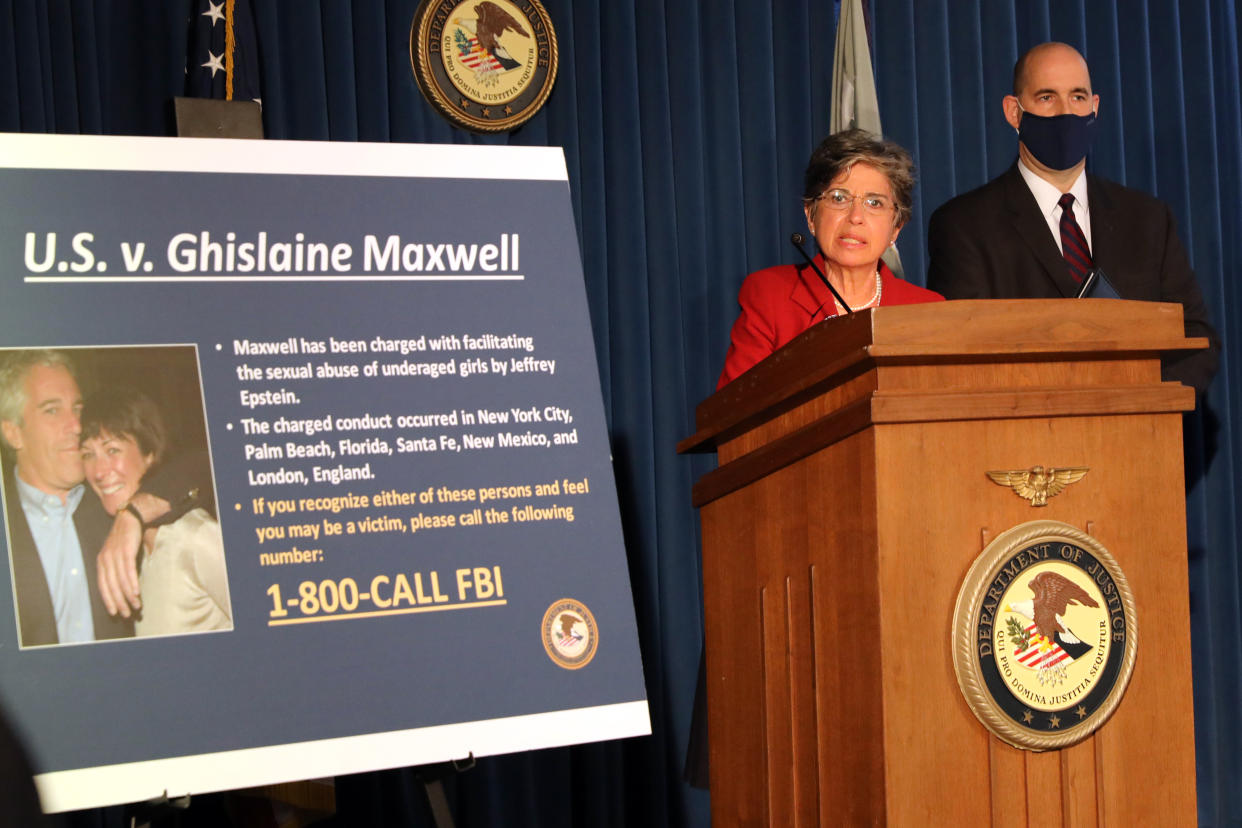 NEW YORK, NEW YORK - JULY 02: Acting United States Attorney for the Southern District of New York, Audrey Strauss, speaks to the media at a press conference to announce the arrest of Ghislaine Maxwell, the longtime girlfriend and accused accomplice of deceased accused sex-trafficker Jeffrey Epstein on July 02, 2020 in New York City. Maxwell, the British socialite and daughter of Robert Maxwell, was arrested in New Hampshire on Thursday morning and will be charged by New York federal prosecutors with six counts in connection with the ongoing federal investigation into Epstein's accomplices. (Photo by Spencer Platt/Getty Images)