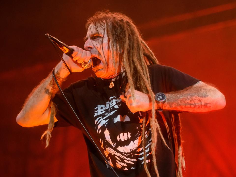 Randy Blythe, lead vocalist of the thrash metal band Lamb of God, performs during their show at the Peoria Civic Center on May 7, 2022.