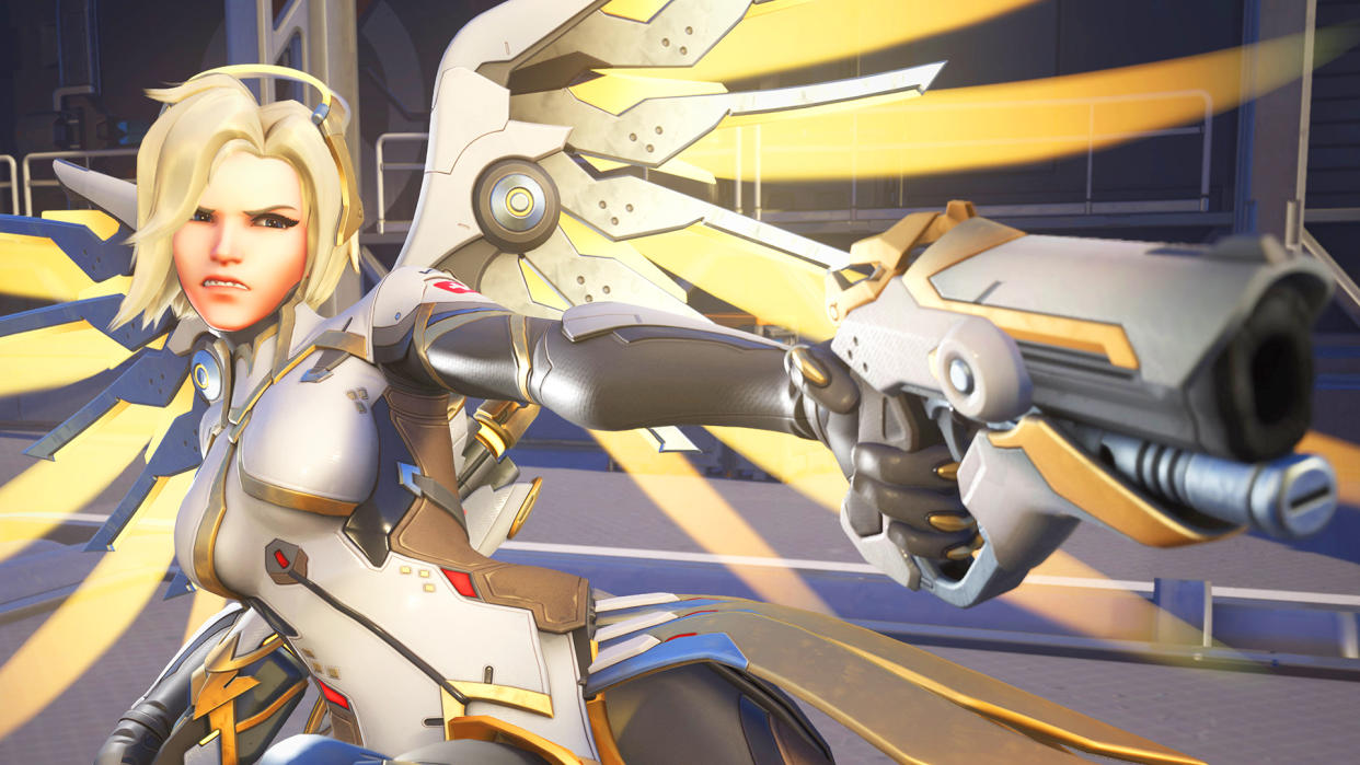  Overwatch 2 screenshot of Mercy holding gun. 