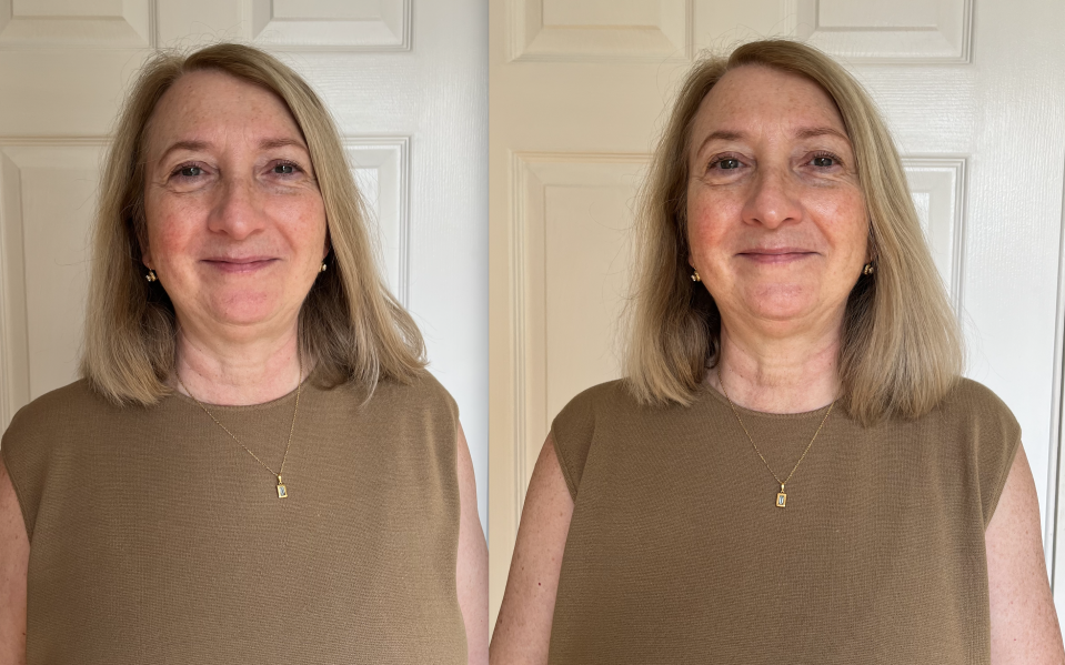 Testing Keys Soulcare Let Me Glow Illuminating Serum with Niacinamide On Mature Skin Before (L), After (R)