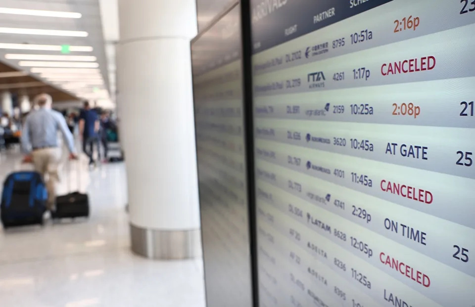 LOS ANGELES, CALIFORNIA - JULY 23: A flight board shows cancellations on the check-in floor of the Delta Air Lines terminal at Los Angeles International Airport (LAX) on July 23, 2024 in Los Angeles, California. Delta Air Lines is still reeling in the aftermath of the CrowdStrike outage with 24 flights cancelled and 27 flights delayed at LAX today and 434 cancelled Delta flights nationwide today.  (Photo by Mario Tama/Getty Images)