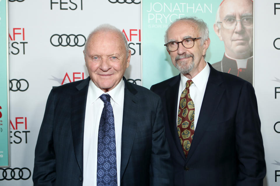 Anthony Hopkins and Jonathan Pryce attend The Two Popes Gala Event at TCL Chinese Theatre on November 18, 2019. (Photo by Rich Polk/Getty Images for Netflix)