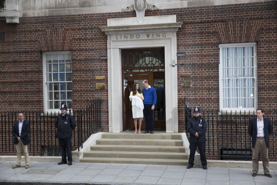 Photo by: KGC-107/STAR MAX/IPx 5/2/15 The Princess of Cambridge is seen outside the Lindo Wing of St. Mary's Hospital with her parents Prince William The Duke of Cambridge and Catherine The Duchess of Cambridge.  The Princess was born on Saturday, May 2nd, 2015 at 8:34 AM weighing 8lbs. 3oz. (Star Max/IPX via AP Images)