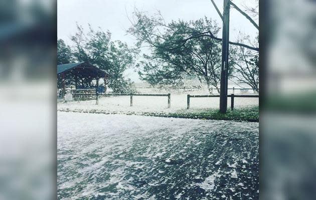 Cyclone Debbie drives foam inland as it crosses into Queensland. Photo: Instagram/connor_official