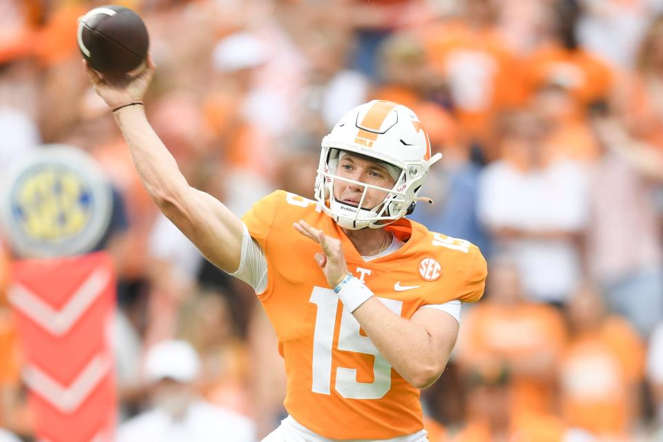 Tennessee quarterback Harrison Bailey (15) throws the ball during an NCAA college football game between the Tennessee Volunteers and Tennessee Tech in Knoxville, Tenn. on Saturday, September 18, 2021. 