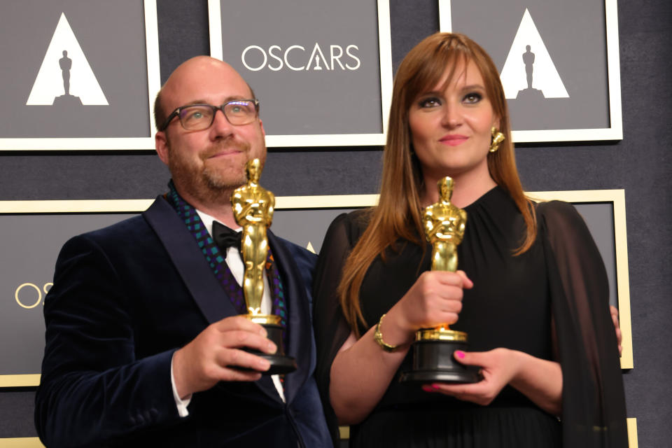 HOLLYWOOD, CALIFORNIA - MARCH 27: (L-R) Canadian Production Designer Patrice Vermette and Hungarian-American Set Decorator Zsuzsanna Sipos, winners of the Oscar for Best Production Design for “Dune,