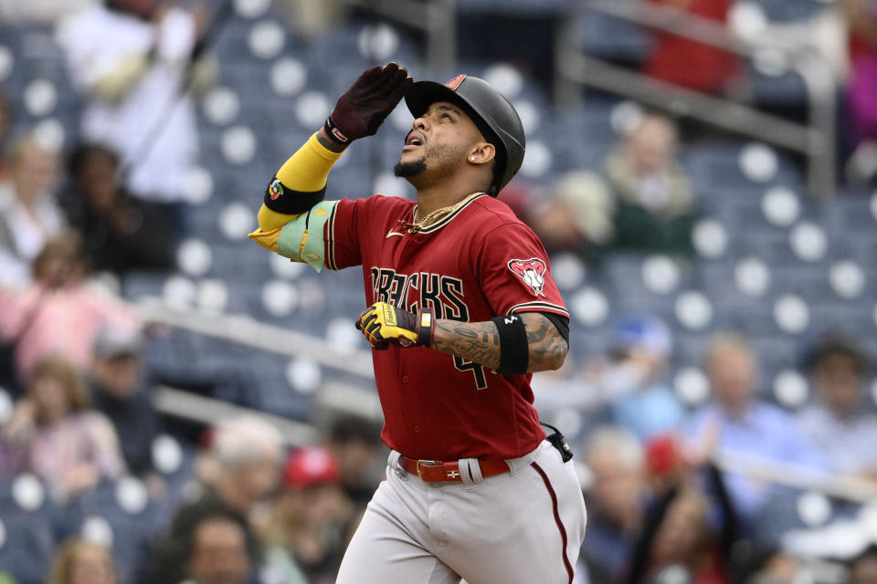 Arizona Diamondbacks' Ketel Marte celebrates his three-run home run during the seventh inning of a baseball game against the Washington Nationals, Thursday, June 22, 2023, in Washington. The Diamondbacks won 5-3. (AP Photo/Nick Wass)