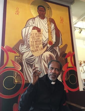 Archbishop Franzo King gestures during an interview inside The St. John Coltrane African Orthodox Church in the Fillmore district of San Francisco, California, February 26, 2016. REUTERS/Curtis Skinner