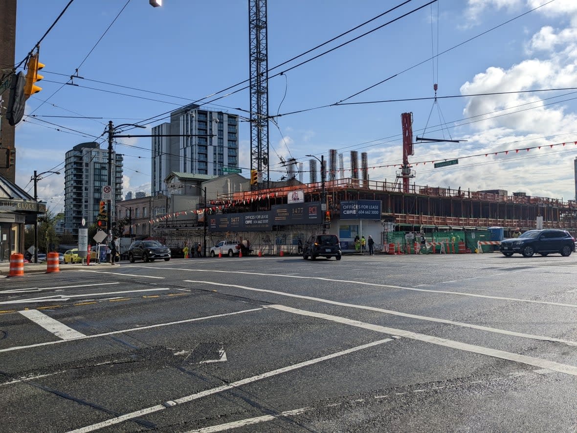 Construction is well underway for a 39-storey tower at the corner of Broadway and Granville Street. (Courtney Dickson/CBC - image credit)