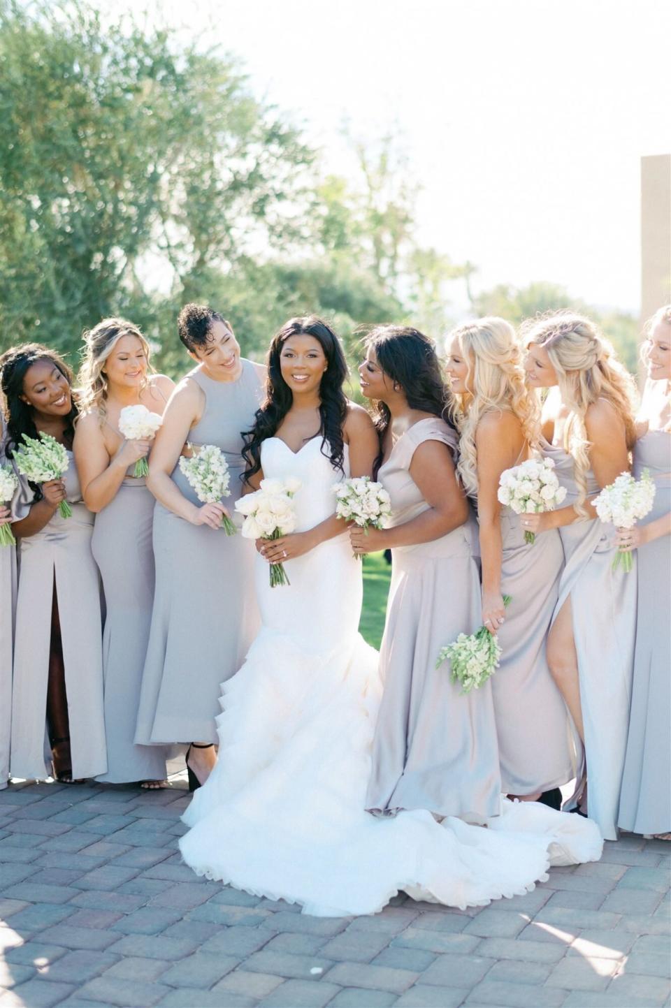 bridesmaids wearing gray dresses