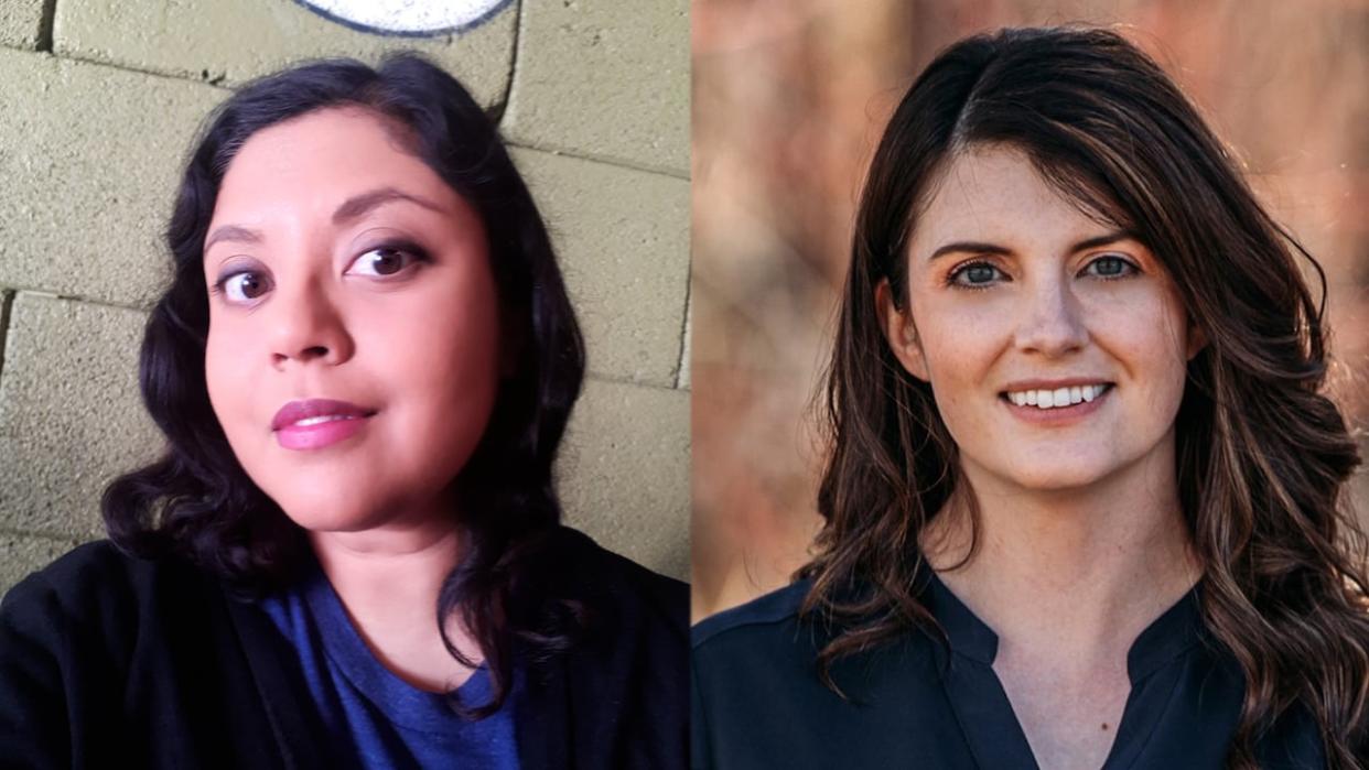 Premee Mohamed, left, and Katie Bickell will serve as the 2024 writers-in-residence at the Edmonton, St. Albert and Strathcona County public libraries. (Premee Mohamed/Katie Bickell - image credit)