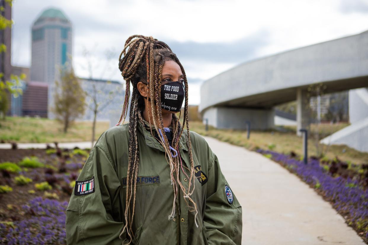 Roshelle Pate, The Food Soldier, poses for a portrait at The National Veteran's Memorial and Museum in 2021. Pate, who was recognized for her work feeding food-insecure neighbors during the pandemic, died unexpectedly on Nov. 13, 2023.