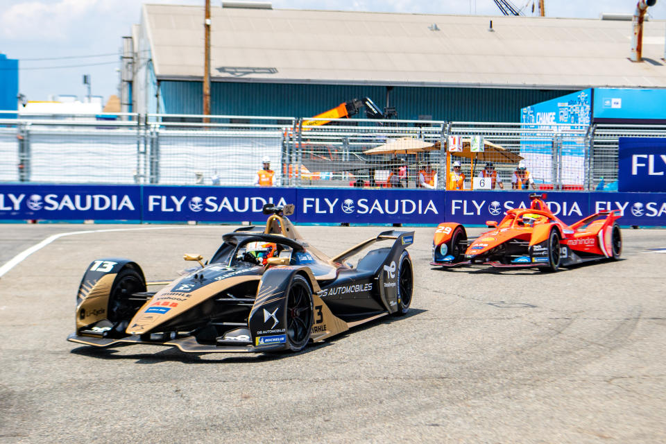 Jul 17, 2022; New York, New York, USA; Antonio Felix Da Costa (13) in action during the New York City E-Prix racing event at Brooklyn Circuit. Mandatory Credit: John Jones-USA TODAY Sports