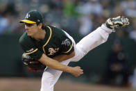 Oakland Athletics pitcher Homer Bailey works against the New York Yankees during the first inning of a baseball game Tuesday, Aug. 20, 2019, in Oakland, Calif. (AP Photo/Ben Margot)