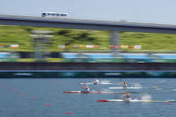 <p>TOKYO, JAPAN - AUGUST 04: Competitors race in the Women's Kayak Single 500m Quarterfinal 2 on day twelve of the Tokyo 2020 Olympic Games at Sea Forest Waterway on August 04, 2021 in Tokyo, Japan. (Photo by Adam Pretty/Getty Images)</p> 