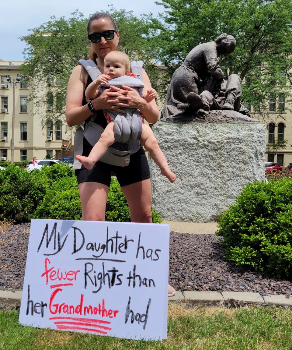 About 200 people gathered Saturday, July 2, 2022, at the Knox County Courthouse in Galesburg, Ill., for an abortion-rights and women's lives rally.