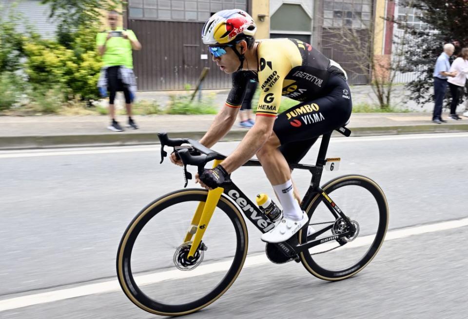 Belgian Wout Van Aert of JumboVisma pictured in action during the second stage of the Tour de France cycling race a 2089 km race from VitoriaGasteiz to San Sebastian Spain Sunday 02 July 2023 This years Tour de France takes place from 01 to 23 July 2023 BELGA PHOTO DIRK WAEM Photo by DIRK WAEM  BELGA MAG  Belga via AFP Photo by DIRK WAEMBELGA MAGAFP via Getty Images