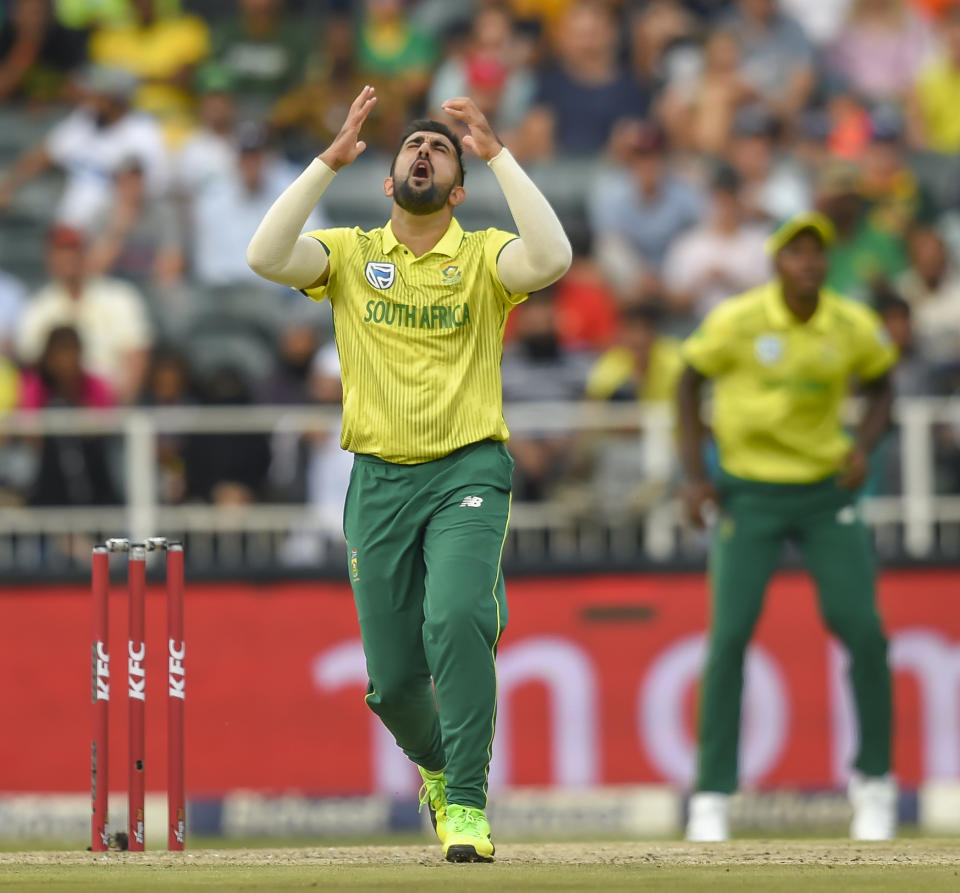 South Africa's Tabraiz Shamsi reacts after bowling during the T20I cricket match between South Africa and Pakistan at Wanderers Stadium in Johannesburg, South Africa, Sunday, Feb. 3, 2019. (AP Photo/Christiaan Kotze)