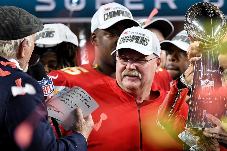 MIAMI, FLORIDA - FEBRUARY 02: Head Coach Andy Reid of the Kansas City Chiefs celebrates with Terry Bradshaw after the Chiefs defeated the San Francisco 49ers in Super Bowl LIV at Hard Rock Stadium on February 02, 2020 in Miami, Florida. The Chiefs won the game 31-20. (Photo by Focus on Sport/Getty Images)