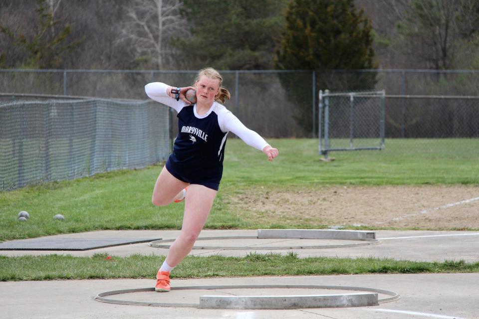 Marysville's Janae Hudson competes in the shot put during a track & field meet earlier this season. She finished third in the girls discus with a throw of 131.4 feet at the Division 2 state finals on Saturday.