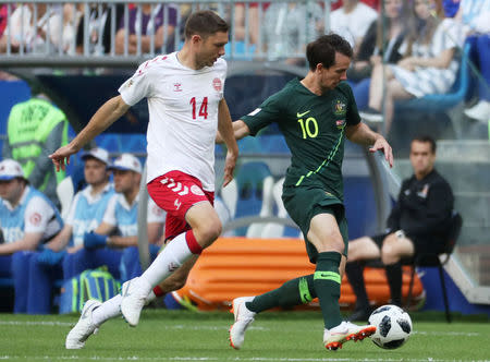 Soccer Football - World Cup - Group C - Denmark vs Australia - Samara Arena, Samara, Russia - June 21, 2018 Australia's Robbie Kruse in action with Denmark's Henrik Dalsgaard REUTERS/Pilar Olivares