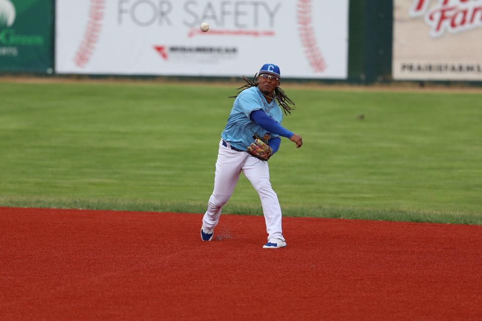 Sioux Falls Canaries Shortstop Ozzie Martinez throws the ball to firstbase for an out during The Sioux Falls Canaries home opener was on Friday May 20th, 2022, at Sioux Falls Stadium against the Milwaukee Milkman.  The Milkman took game 1 of the series 11-8.