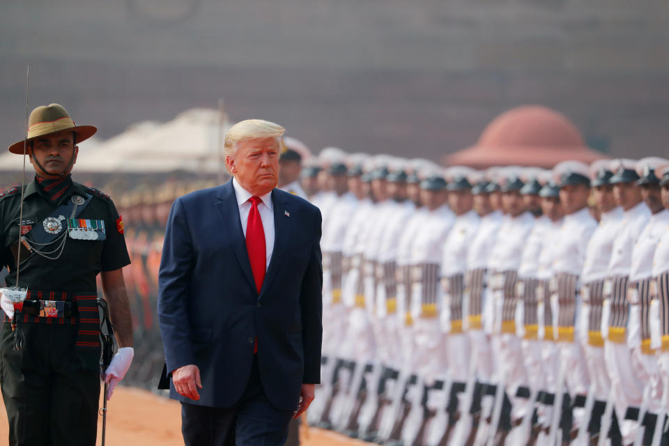 U.S. President Donald Trump inspects honour guards during the ceremonial reception at the forecourt of India's Rashtrapati Bhavan Presidential Palace in New Delhi, India, February 25, 2020. REUTERS/Al Drago