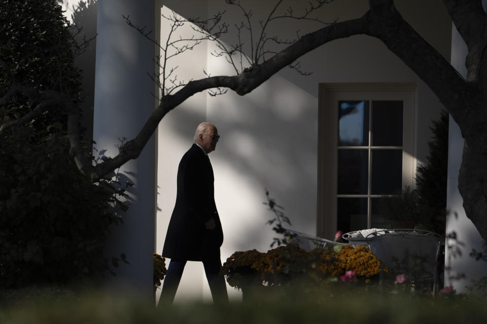 President Joe Biden walks to the Oval Office as he arrives at the White House in Washington, Monday, Nov. 13, 2023, after spending the weekend in Delaware. (AP Photo/Andrew Harnik)