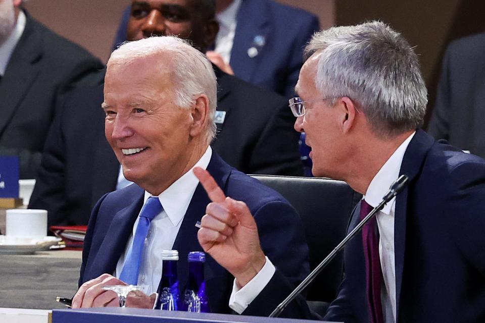 U.S. President Joe Biden and NATO Secretary General Jens Stoltenberg attend NATO's 75th anniversary summit in Washington, D.C., on Thursday.