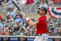 Minnesota Twins' Trevor Larnach watches his solo home run against the Kansas City Royals in the fourth inning of a baseball game Sunday, May 29, 2022, in Minneapolis. (AP Photo/Bruce Kluckhohn)