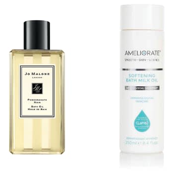 Ameliorate Softening Bath Milk Oil, £18, Look Fantastic & Jo Malone’s Pomegranate Noir bath oil, £18, Jo Malone 