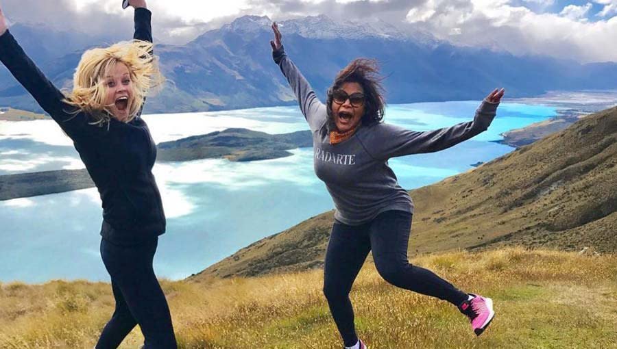 <em>A Wrinkle in Time</em> co-stars Reese Witherspoon and Mindy Kaling jumping for joy on location for the film. (Photo: Instagram)