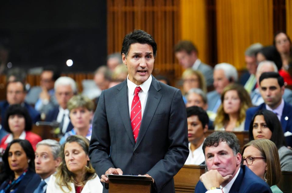 Canada prime minister Justin Trudeau delivers a statement in the House of Commons on Parliament Hill in Ottawa (AP)