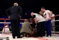 Boxing - Nick Blackwell v Chris Eubank Jnr British Middleweight Title - The SSE Arena, Wembley - 26/3/16 Nick Blackwell receives medical attention Action Images / Adam Holt