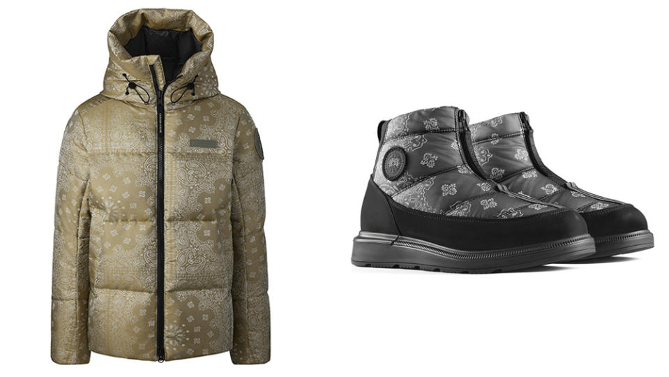 The Crofton Puffer Jacket in Desert Green and Crofton Puffer Boots from the Canada Goose x Concepts capsule