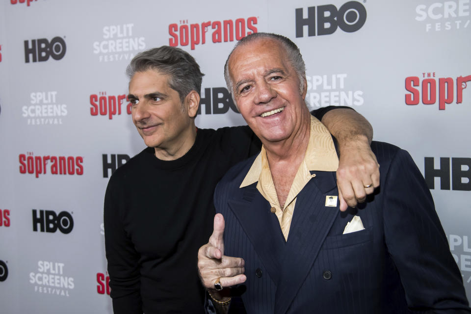 FILE - Michael Imperioli, left, and Tony Sirico attend HBO's "The Sopranos" 20th anniversary at the SVA Theatre on Wednesday, Jan. 9, 2019, in New York. Sirico, who played the impeccably groomed mobster Paulie Walnuts in “The Sopranos” and brought his tough-guy swagger to films including “Goodfellas,” died Friday, July 8, 2022. He was 79. (Photo by Charles Sykes/Invision/AP, File)