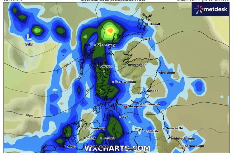 WXCharts' weather map shows the wall of rain covering Scotland
