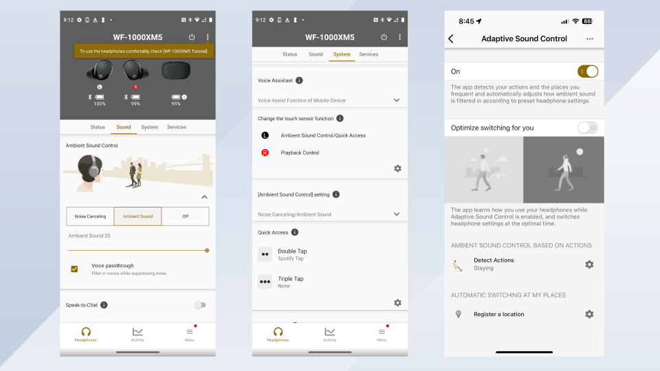 Three screenshots from Sony's Headphones Connect app.