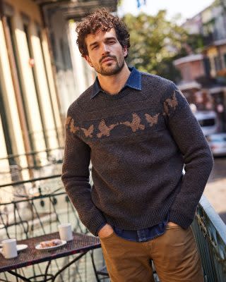 woven pelicans are a border print on this men's wool crew neck sweater from billy reid