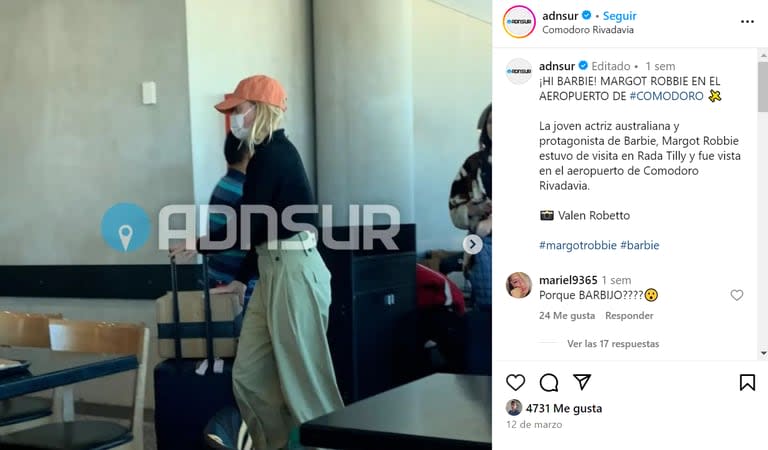 Margot Robbie sorprendió a todos en el sur argentino (Foto: captura Instagram/@adnsur)