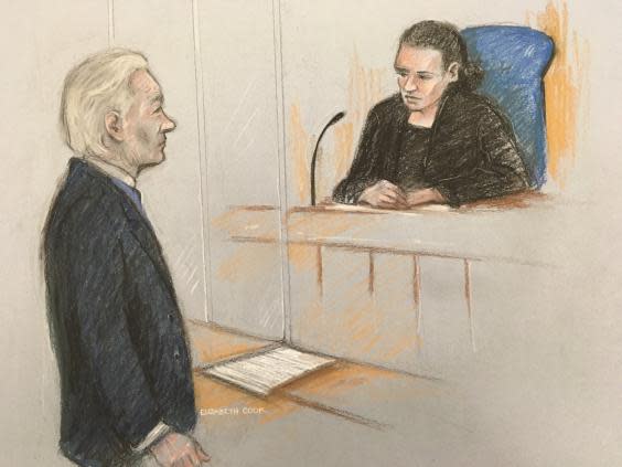 A court sketch showing Julain Assange addressing district judge Vanessa Baraitser (PA)