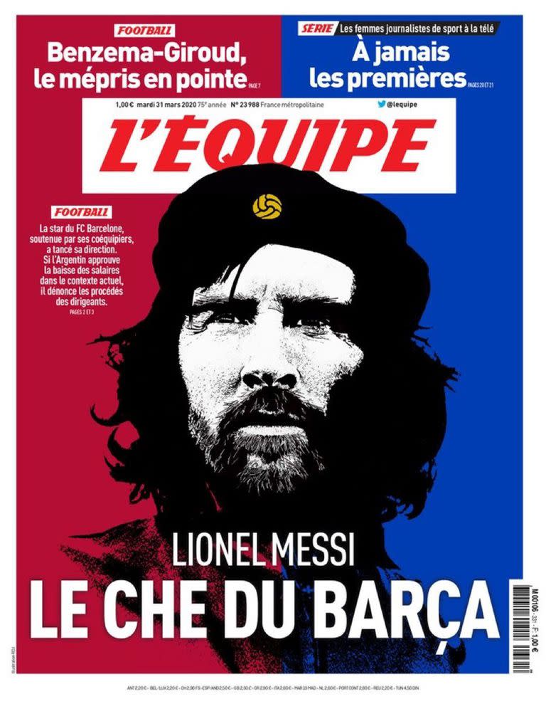 Una alegoría fuerte por parte de L'Equipe: Messi como su conciudadano Che Guevara, por denunciar a los dirigentes de Barcelona tras una rebaja salarial grupal.